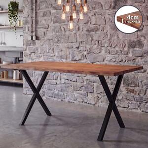 FineBuy Tavolo da pranzo 120 cm, rettangolare, in legno massello di acacia con bordo naturale, stile industriale. Tavolo da pranzo in legno massello, tavolo da cucina in legno massello con bordo naturale, struttura a X, colore nero
