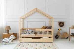 Letto da bambini a forma di casa/estraibile di colore naturale in pino massiccio con contenitore con rete inclusa 120x200 cm RMW – Adeko