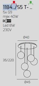 Sospensione bianco 5 luci tonda vetri trasparente 1184bi-s5 t-tr