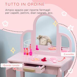 HOMCOM Tavolo per Trucco per Bambine 3-6 Anni con Sgabello, Cassetti e Specchio Coordinato in Acrilico, in MDF e Legno di Pino, Rosa