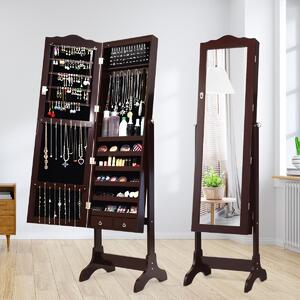 Costway Armadio portagioie con 14 luci LED, Armadio per gioielli con specchio a figura intera, Caffè