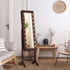Costway Armadio portagioie con 18 luci LED, Organizer per tutti i tipi di gioielli con specchio a figura intera Marrone