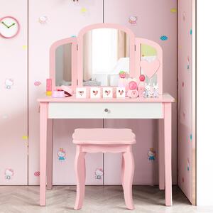 Costway Set toeletta con con specchio tripartito e cassetto per bambini, Scrivania smontabile 2 in 1 per leggere Rosa