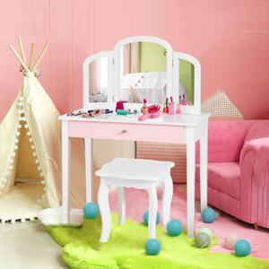 Costway Set toeletta con con specchio tripartito e cassetto per bambini, Scrivania smontabile 2 in 1 per leggere Bianco