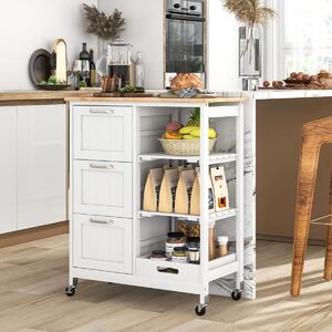 Costway Isola cucina con ruote bloccabili piano in legno di gomma e 2 ripiani rimovibili, Carrello multiuso Bianco
