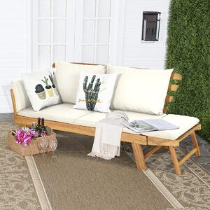 Costway Divano letto convertibile in legno d'acacia con braccioli regolabili cuscini, Chaise longue da esterno Beige