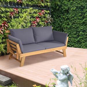 Costway Divano letto convertibile in legno d'acacia con braccioli regolabili cuscini, Chaise longue da esterno Grigio