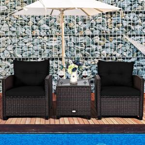 Costway Set di 3 mobili da patio con 4 cuscini rimovibili, Set di 2 sedie e 1 tavolino in rattan con piano in vetro Nero