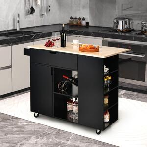 Costway Carrello su ruote bloccabili con piano in legno di gomma cassetto, Isola da cucina a foglia a goccia Nero