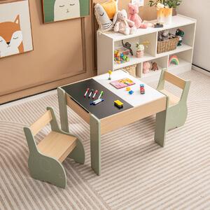 Costway Set di tavolo e sedie per bambini con deposito lavagna rimovibile, Set di mobili 3 PCS per ragazzi e ragazze Verde