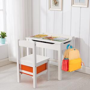 Costway Set tavolo e sedia per bambini in legno massello, Scrivania ribaltabile con sedia per stanza giochi asilo Bianco