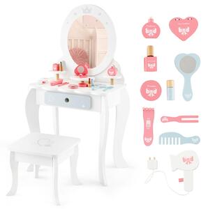 Costway Set di tavolo trucco e sgabello per bambine con specchio rimovibile cassetto, Toeletta trucco bambina 2 in 1 Bianco