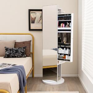 Costway Armadio portagioie con specchio a figura e luci LED a 3 colori, Specchio contenitore girevole per gioielli Bianco