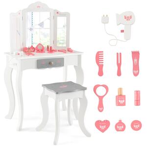 Costway Set tavolo trucco e sgabello per bambine con specchio trittico pieghevole cassetto, Toeletta trucco bambina Bianco