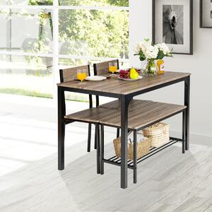 Costway Set tavolo e sedie da cucina 4 pezzi, Tavolo da pranzo con 2 sedie e 1 panca telaio e ripiano metallici Grigio