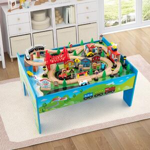 Costway Set di trenini in legno con tavolo reversibile e staccabile cassetto capiente, Tavolo da gioco per bambini 80 Pezzi