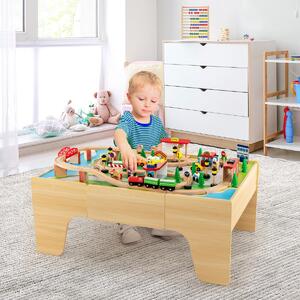 Costway Set di trenini in legno con tavolo reversibile e staccabile cassetto capiente, Tavolo da gioco per bambini 84 Pezzi