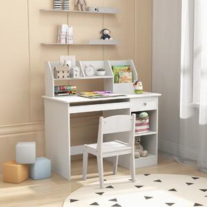 Costway Scrivania da studio in legno per bambini e adolescenti, Postazione per computer con vetrina libreria cassetto Bianco