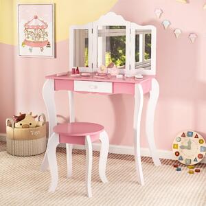 Costway Set toletta da trucco per bambini con specchio in acrilico a 3 pannelli, Tavolo da trucco con sgabello Bianco