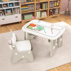 Costway Tavolo e sedia per bambini con mensola ribaltabile lavagna magnetica cancellabile, Tavolo e sedia per imparare Grigio