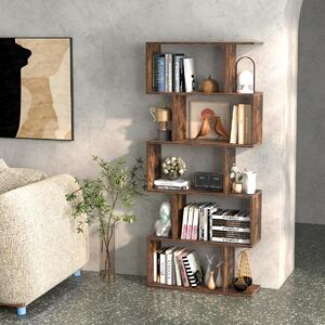 Costway Scaffale a 5 ripiani con dispositivo antiribaltamento, Libreria geometrica a forma di S Marrone