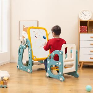 Costway Tavolo da disegno per bambini con sedia, Set tavolo e sedia per attività con lavagna bianca regolabile a 3 livelli Blu