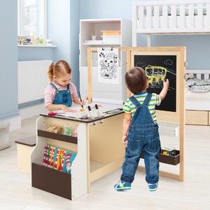 Costway Set tavolo e panca per bambini con cavalletto regolabile a doppia faccia, Centro artistico in legno 114x81x100cm Caffè