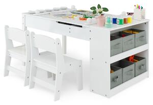 Costway Set tavolo e sedia da disegno per bambini, Tavolo artistico con piano sollevabile 6 contenitori rullo di carta Bianco
