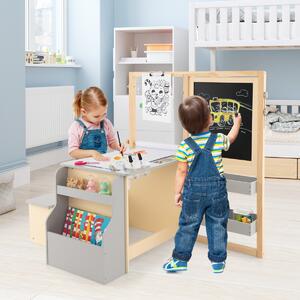 Costway Set tavolo e panca per bambini con cavalletto regolabile a doppia faccia, Centro artistico in legno 114x81x100cm Grigio