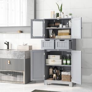 Costway Armadio da terra con 4 ante 2 cassetti e ripiani regolabili, Mobile da bagno indipendente multifunzionale Grigio
