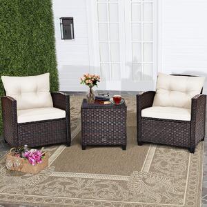 Costway Set di 3 mobili da patio con 4 cuscini rimovibili, Set di 2 sedie e 1 tavolino in rattan con piano in vetro Beige