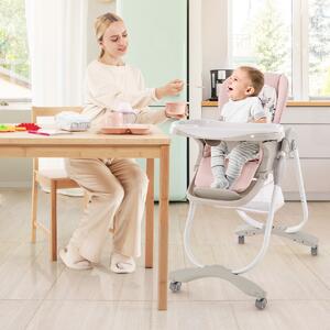 Costway Seggiolone per bambini e neonati con rotelle altezza regolabile poggiapiedi e schienale, Seggiolone pieghevole Rosa