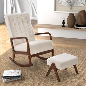 Costway Poltrona a dondolo con poggiapiedi struttura in legno di gomma massello e cuscino imbottito, Set sedia a dondolo Beige