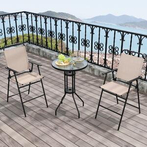 Costway Set bistrot da esterno 3 pezzi, Tavolo bar con 2 sedie pieghevoli piano in vetro temperato foro per ombrellone Beige