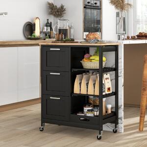 Costway Isola cucina con ruote bloccabili piano in legno di gomma e 2 ripiani rimovibili, Carrello multiuso Nero