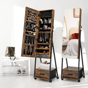 Costway Armadietto portagioie da terra con specchio per trucchi e cosmetici, Portagioie a ruote con cassetti Caffè