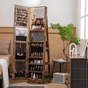 Costway Armadio portagioielli girevole con specchio a figura intera luci LED, Organizer da terra di gioielli Marrone Scuro