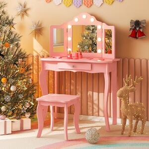 Costway Set tavolo da trucco per bambini con sgabello, Set tavolo vanity principessa con specchio a tre pieghe in vetro Rosa