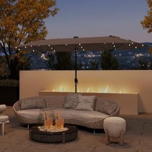 Costway Ombrellone doppio da giardino con luci solari 4x2m, Ombrellone rettangolare grande con manovella base Marrone