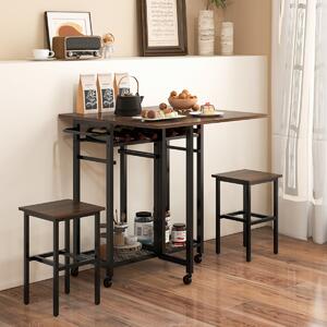 Costway Set tavolo da pranzo 3 pezzi con ruote e portabottiglie da 6 posti, Tavolo da cucina estendibile con 2 sgabelli Marrone