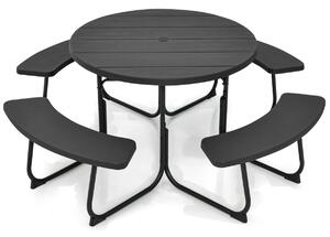 Costway Set tavolo da picnic per 8 persone con 4 panche e foro per ombrellone, Tavolo da picnic circolare portata 225kg Nero