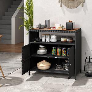 Costway Armadietto portaoggetti in rattan con piano in legno di acacia, Mobile buffet per esterni con armadio a 2 ante Nero
