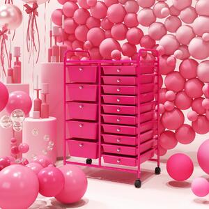 Costway Carrello con 15 cassetti estraibili e ruote con freno, Carrello multiuso per casa ufficio scuola Rosa scuro