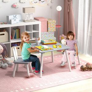 Costway Set tavolo sedie per bambini 3 pezzi per arte, Tavolo e 2 sedie a coniglio gambe in legno massiccio Grigio