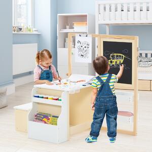 Costway Set tavolo e panca per bambini con cavalletto regolabile a doppia faccia, Centro artistico in legno 114x81x100cm Bianco