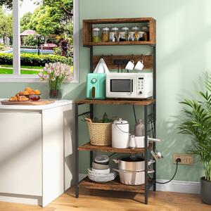 Costway Mensola da cucina con presa elettrica ripiani aperti e 10 ganci appendiabiti, Supporto per microonde alto 153cm Marrone