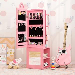 Costway Armadio portagioie per bambini con specchio a figura intera e appendiabiti, Armadio porta abiti 3 in 1 per ragazze Rosa