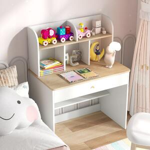 Costway Scrivania in legno per bambini con mensola e cassetto spazio di stoccaggio, Tavolo da scrittura per lettura 80x48x102cm Naturale