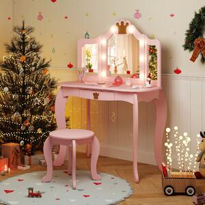 Costway Set da trucco per bambini con specchio illuminato, Set da trucco con tavolo e sedia con specchio Rosa