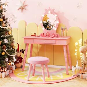 Costway Set da trucco per bambini con specchio illuminato, Set di trucco per principesse con tavolo e sedia regolabili Rosa